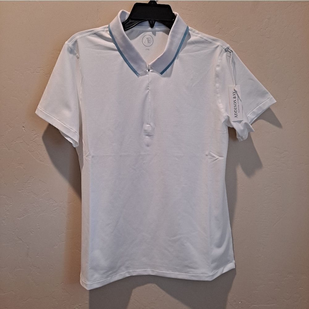 Addison Bay White Short Sleeve Polo with Light Blue Trim